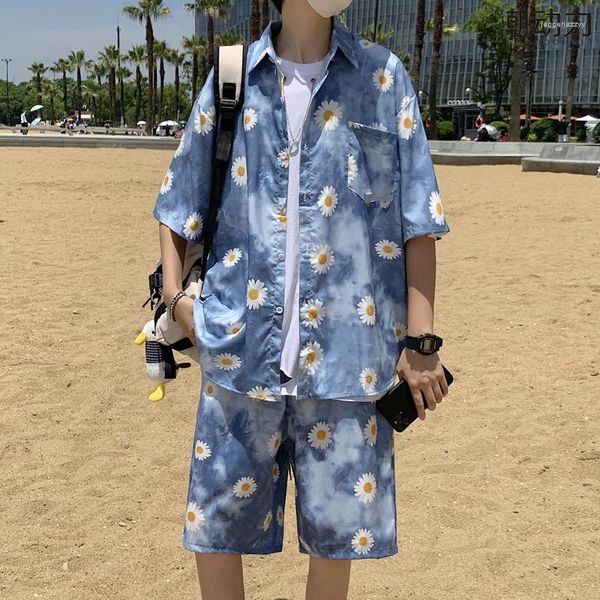 

men's tracksuits gmiixder travel suits 2023 men's short sleeved shirt beach vacation casual oversized shorts hip hop couple daisy, Gray