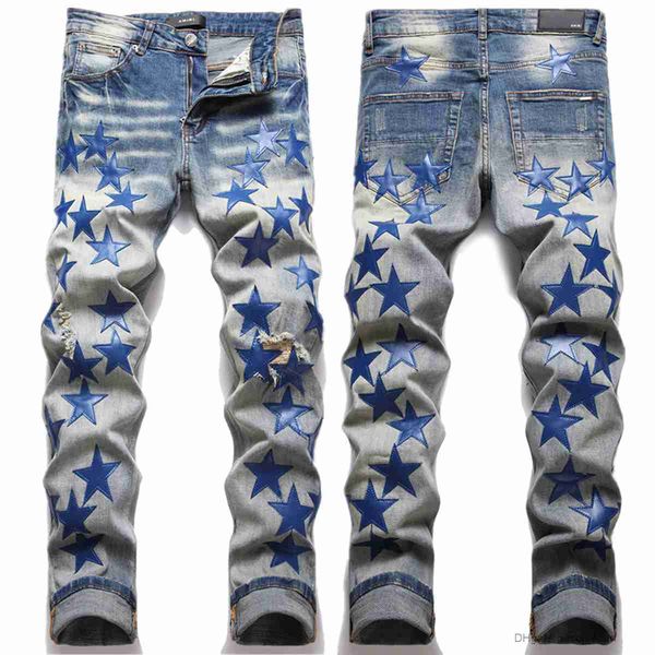 

men's jeans high street new broken blue star patch fashion slim fit small foot full sky elastic