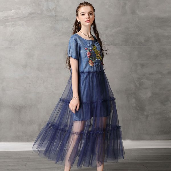 

vintage court embroidered denim dress for women - 2023 summer collection, mesh splicing, a-line silhouette, mid-calf length, flora print, sh, Black;gray