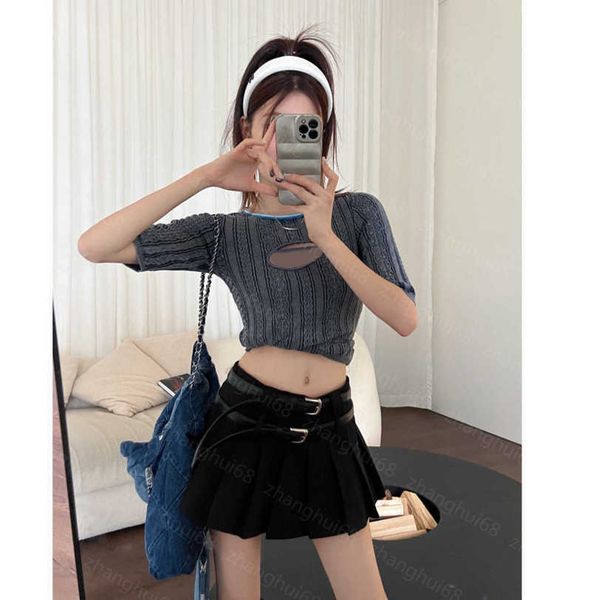 

23ss womens knits womens designer clothing round neck hollow denim blue embroidered logo stretch short sleeve knit womens clothes a1, White