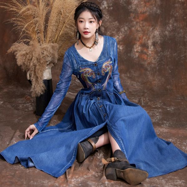 

2023 spring and summer new item vintage embroidered cardigan dress slim slim collar sling denim dress 82575, Black;gray