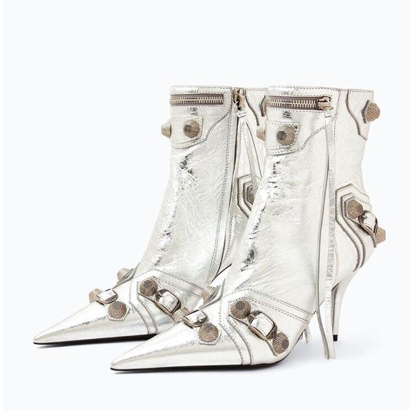 

2023 rivets ankle boots for women thin high heeled pointed toe zipper boot lady shoes big size 35-42, Black