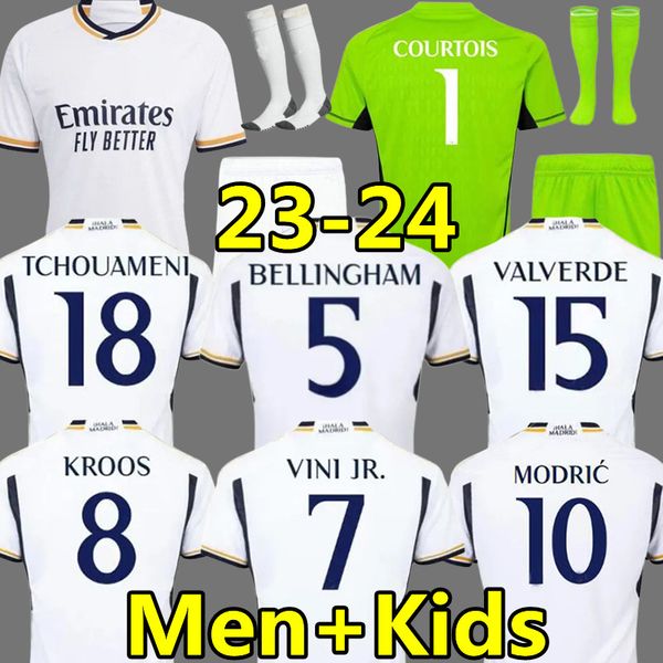 

2023 2024 bellingham vini jr soccer jerseys real madrids valverde modric tchouameni camavinga alaba courtois 23 24 football shirt men kids k, Black;yellow
