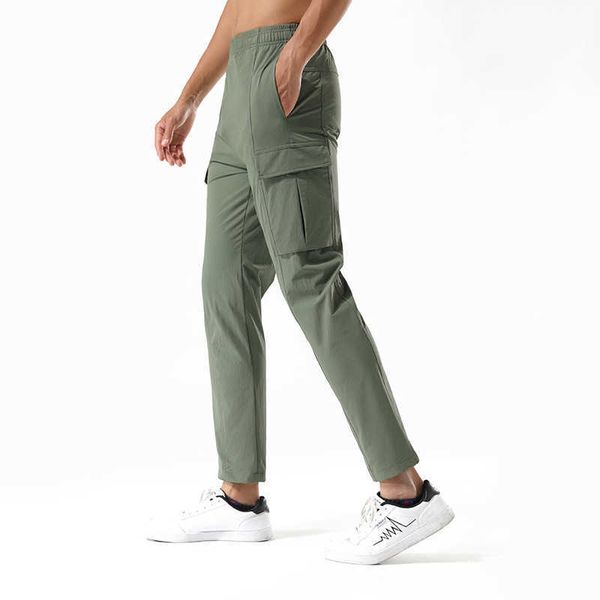 

lu-27 ice silk quick drying pants men's summer thin drawstring mountaineering pants outdoor loose straight tooling sports pants, Black
