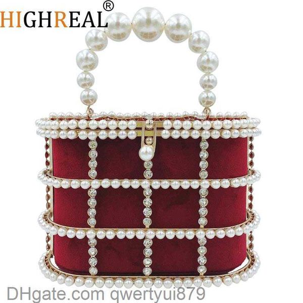 

evening bags highreal luxury pearls rhinestones handbag women designer elegant metal cage velvet evening clutch purse hollow out shoulder ba