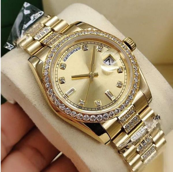 

luxury mens watches 18238 36mm diamond bezel mechanical automatic gold stainless steel bracelet original box paper, Slivery;brown