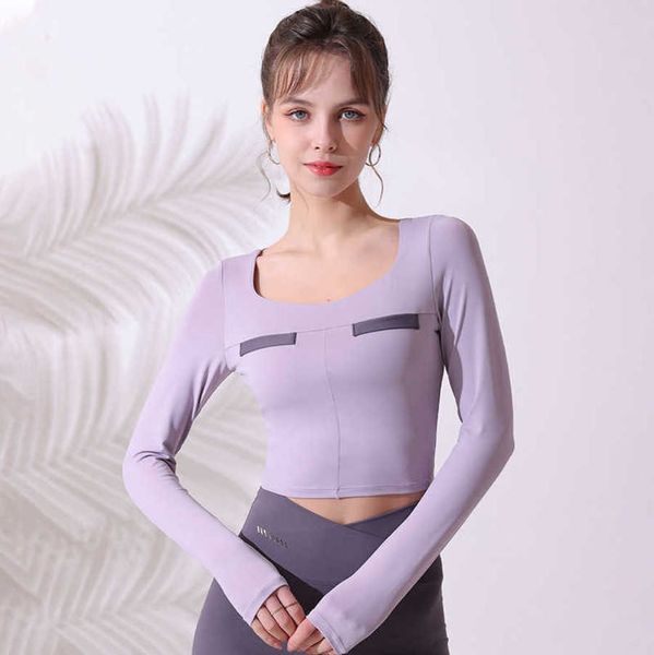 

designer lululemens t shirt same yoga elastic tight sports fake pocket running with chest pad fitness long sleeve lulus, White