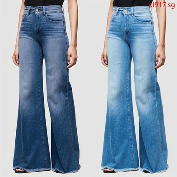 

women fashion high waist wide leg jeans flared bell bottom denim pants, Blue