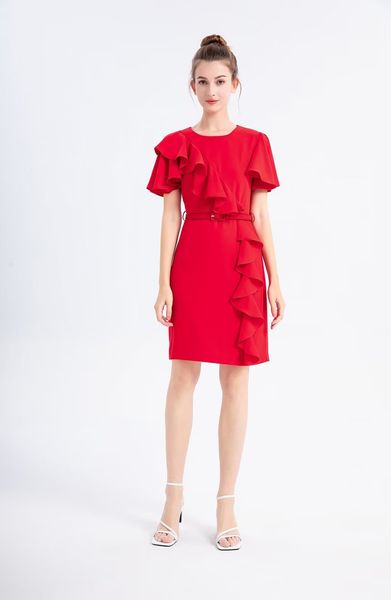 

red dress 2023 spring and autumn new french romantic ruffle edge retro waist slim and elegant style dress gives belt, Black