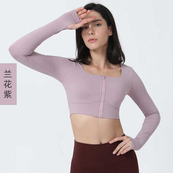 

designer lululemens t shirt lulu's same yoga suit fitness outdoor running front chest zipper casual quick drying belt chest pad square, White