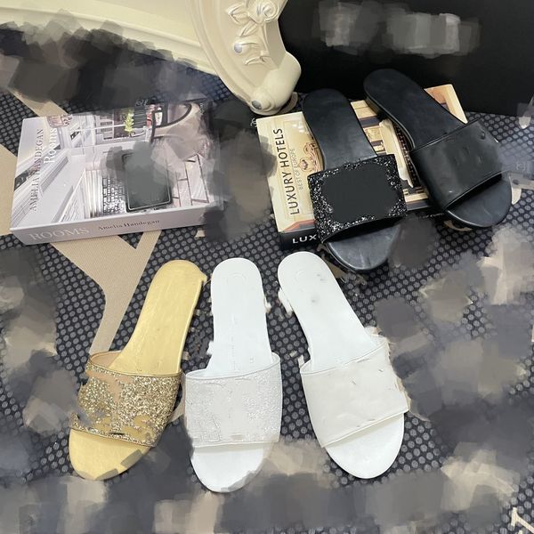 

chan c designer women slippers bling gold sliver glitter flat mules slipper summer sandals candy color flip flops beach diamond flat shoes o, Black