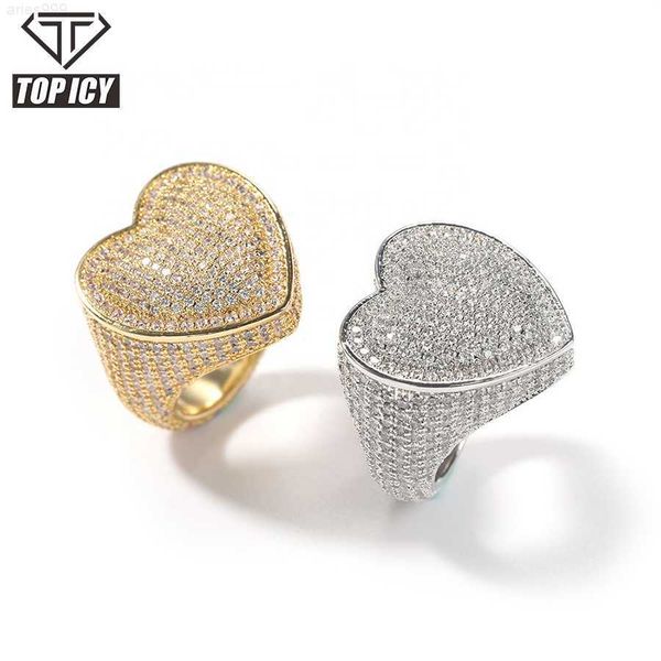 

iced out gold big heart ring full 5a zircon hip hop 18k gold plated women man love romantic hip hop zircon ring, Silver
