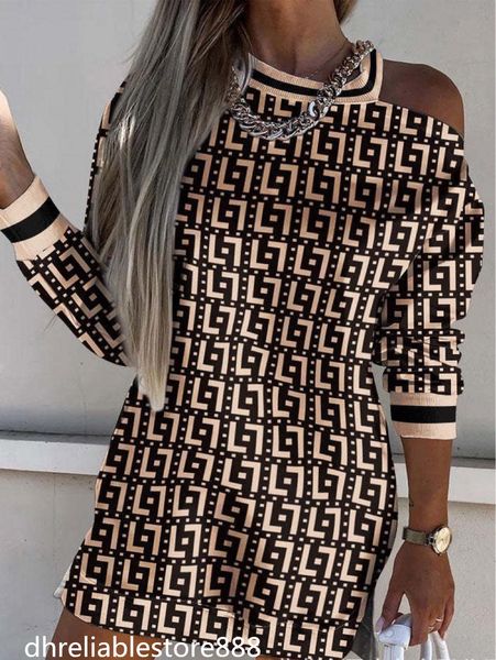 

autumn and winter new women's dress one shoulder long sleeve high neck printed irregular women's dress, Black;gray