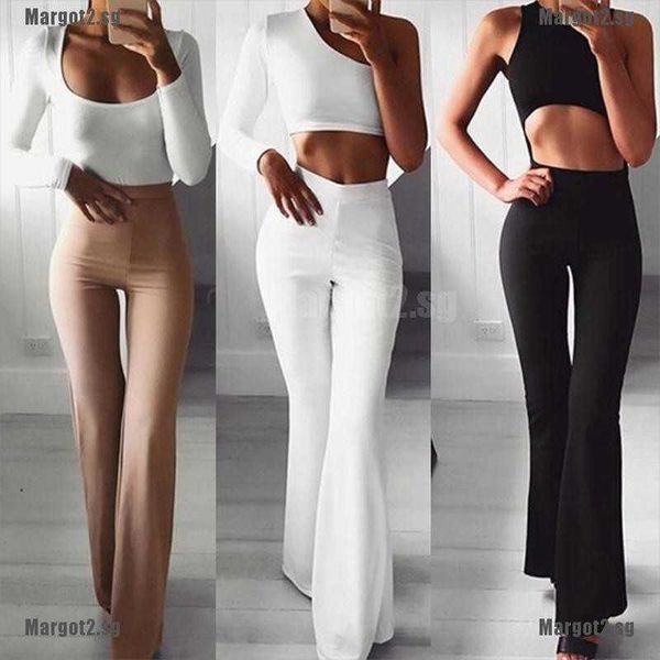 

women solid high waist flare wide leg chic trousers bell bottom yoga pants, Blue
