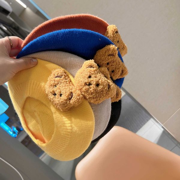 

berets kids autumn winter cartoon bear baby hat cute knitted beret hats for baby girls boys toddler solid candy color wool caps z0616, Blue;gray