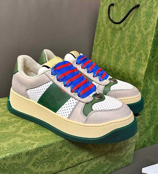 

summer luxury men women screener sneakers shoes vintage striped retro leather 1970s platform trainers bi-color flatform sole couple skateboa, Black