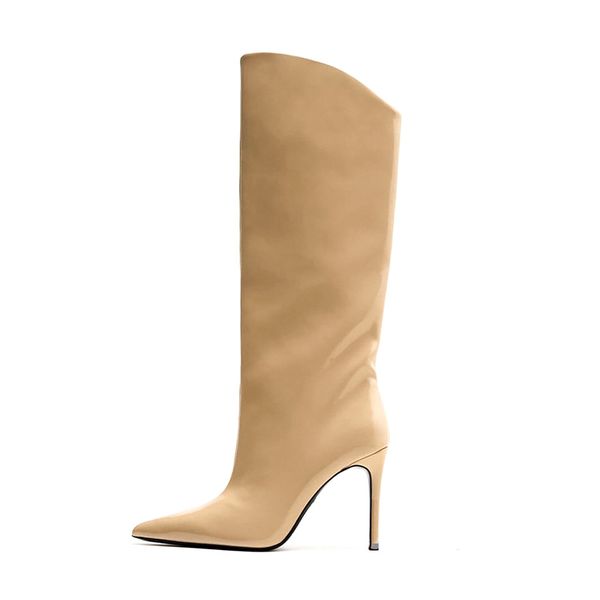 

new za fashion high heel knee boots for women 2023 spring pointed simple slim side zipper classical designer party shoes size 43, Black