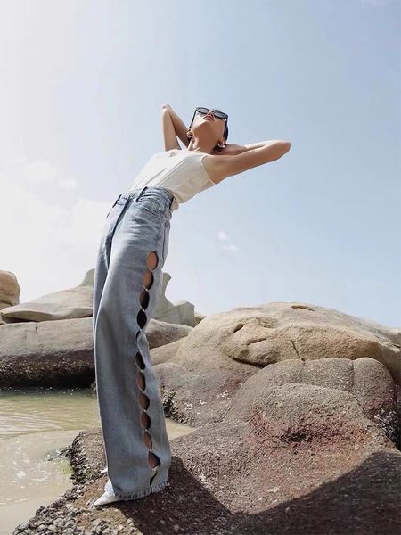 

high waisted denim slimming lace embroidery casual loose 2023 new women's versatile pants, Black;white