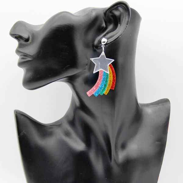 

funny earrings acrylic fashion popular mirror scallion powder pentagram rainbow tassel shaped earrings, Silver