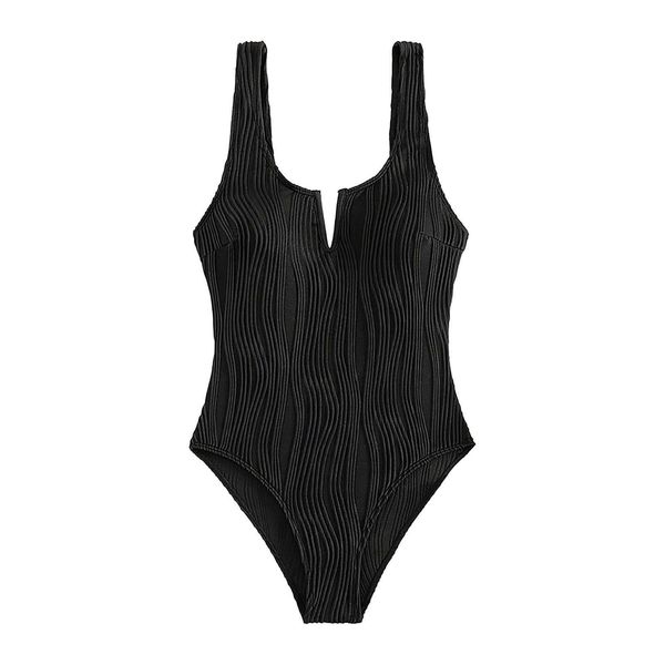 

designer swimwear fashion women's solid color striped v neck conservative swimsuit covering the belly thong biquinis swiming hawaii biq, White;black