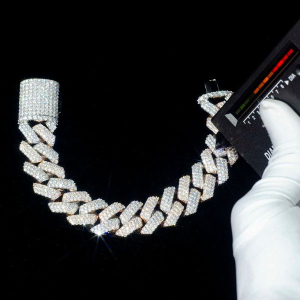 

classic cuban link chain 20mm bracelet 2 tone rose gold pass diamond tester vvs ice out moissanite silver fine jewelry for man