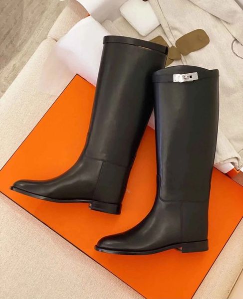 

fashion winter jumping tall boots kelly buckles women's black brown calfskin leather brands knee booty flats ladies martin booties eu35