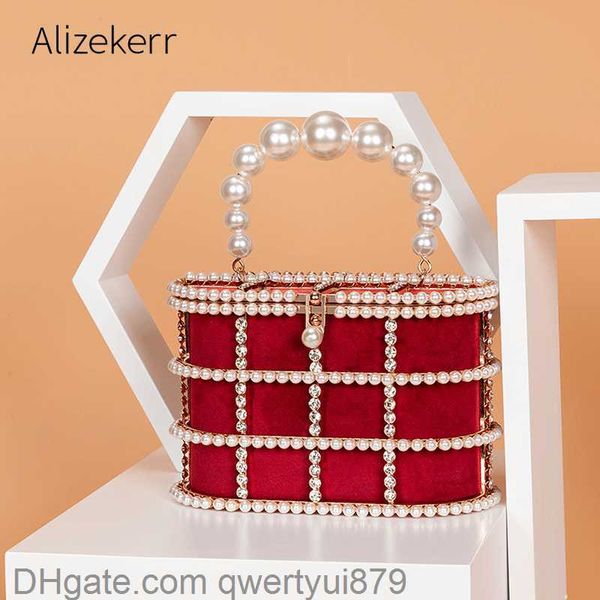 

totes luxury pearls rhinestones handbag women designer elegant metal cage velvet evening clutch purse chic hollow out shoulder bags qwertyui