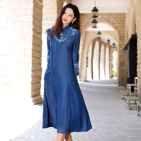 

exquisite folk style: embrace autumn with our heavy embroidery tencel denim long dress - loose plus size, a-line silhouette - perfect for ca, Black;gray