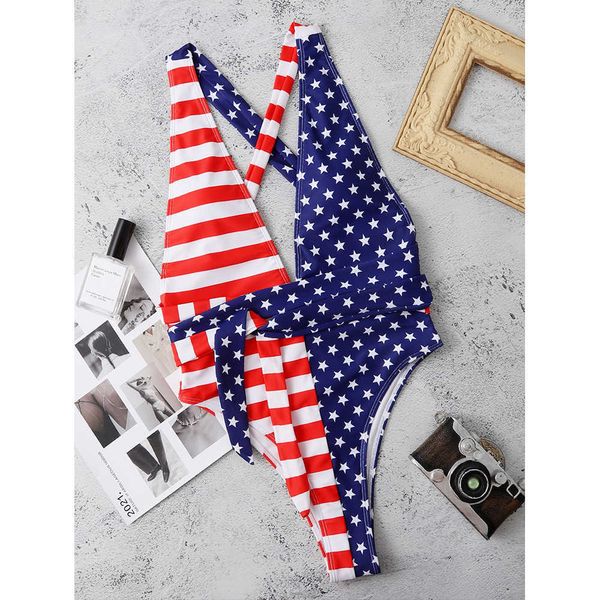 

designer swimwear fashion 2023 independence day high-waisted strappy bikini bandage 4th of july patriotic american flag summer one-piece swi, White;black