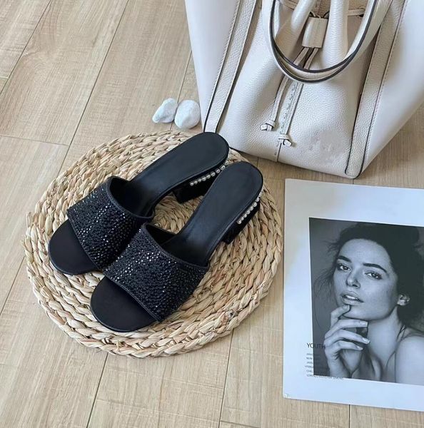 

women slipper pearl chunky heel sandals fashion crystal luxury women slipper summer designer leisure sandal women sandbeach slipper, Black