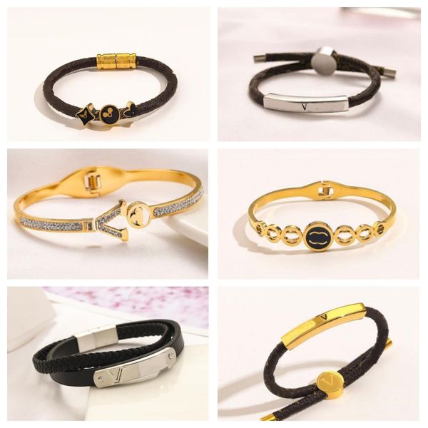

luxury designer bracelets fashion women bangle letter jewelry brown flower faux leather 18k gold plated stainless steel bracelet womens wedd, Golden;silver