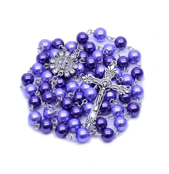 

8mm colorful round pearl cross beads necklace catholic christ rosary pendant make girls beauty for gift necklaces1412635, Silver