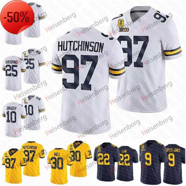 

97 aidan hutchinson michigan 42 patch jersey wolverines hassan j.j. mccarthy tom brady josh ross nico collins ronnie bell daxton hill woodso, Black;red