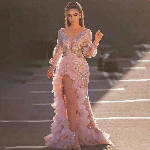 

dresses casual evening party women elegant v neck split side ruffles pink dress night club prom wedding long maxi plus size, Black;gray