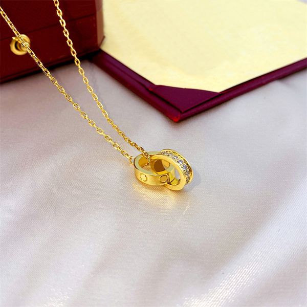 

factory direct sales jewelry double ring cake stainless steel necklace micro-inlaid zircon collarbone necklace silver-plated rose gold penda