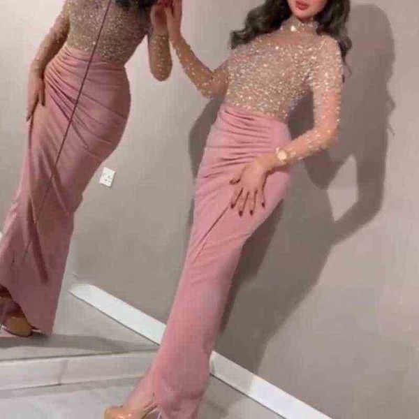 

dresses 2021 summer women glitter sequin dress shiny o neck mesh patchwork club party long sleeve bodycon ruched split pink t220804, Black;gray