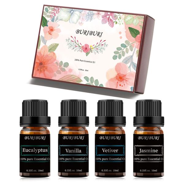 

buriburi essential oil set - set of 4 - vanilla, jasmine, vetiver, eucalyptus(essential oils 4 x 10ml, 100% pure diffuser oil for massage, s