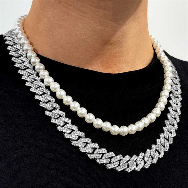 

strands hip hop men women iced out prong cuban link chain with imitation pearls chokers necklace cz bear pendant necklaces jewelry gift 2306, Black