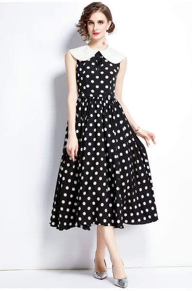 

casual dresses summer new vintage hepburn style slim polka dot print mid-length dresses women sweet ribbon bow peter pan collar tank long dr, Black;gray
