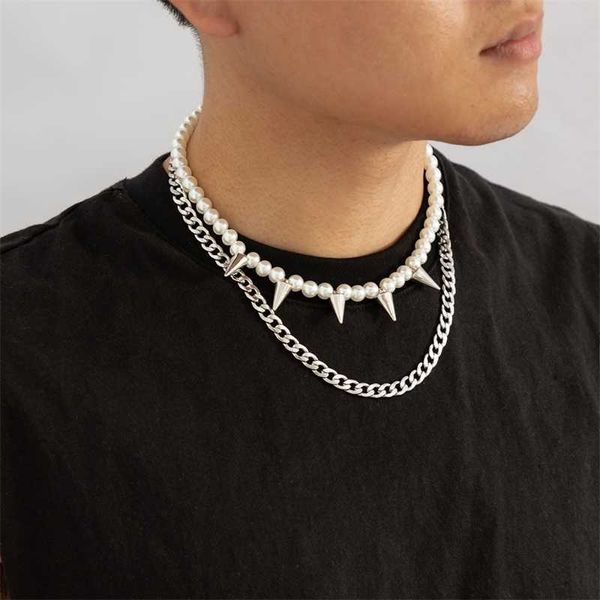 

beaded necklaces punk pearl beads chain with spikes short choker necklace men hip hop layered thick stainless steel 2023 fashion jewelry 230, Silver