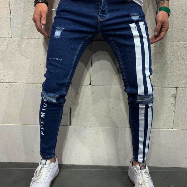 

fashion streetwear men jeans vintage blue color thin destroyed ripped jeans broken punk pants homme hip hop jeans men