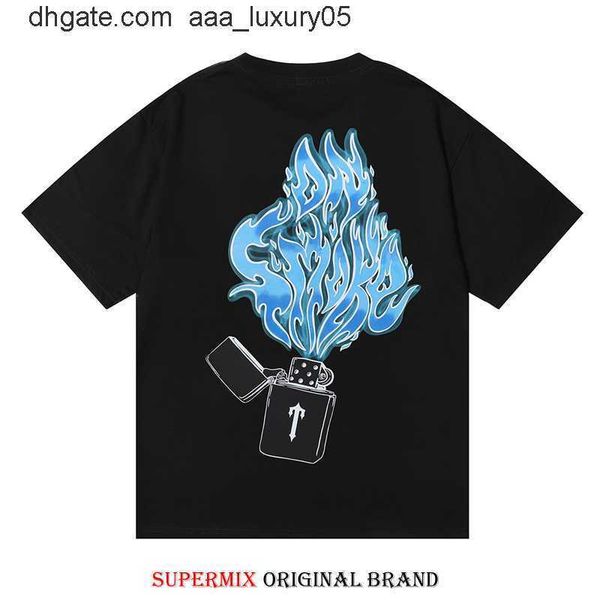 

designer fashion clothing tees tshirt trendy trapstar lighter blue flame print american street loose casual men's women's short sl, White;black