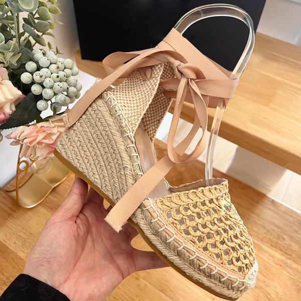 

straw rope weaving hollow fisherman sandals wedges sandals heeled platform pumps heels open-toe women's luxury designers espadrilles ou, Black