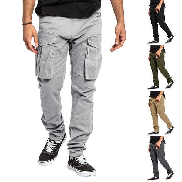 

2023 summer new loose men's workwear pants drawstring multi pocket small straight leg, Black