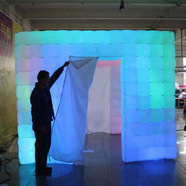 

4x4x3m 13.2x13.2x10ft custom wedding party white one door inflatable p booth pbooth inflatables cube tent house with multi-color led light