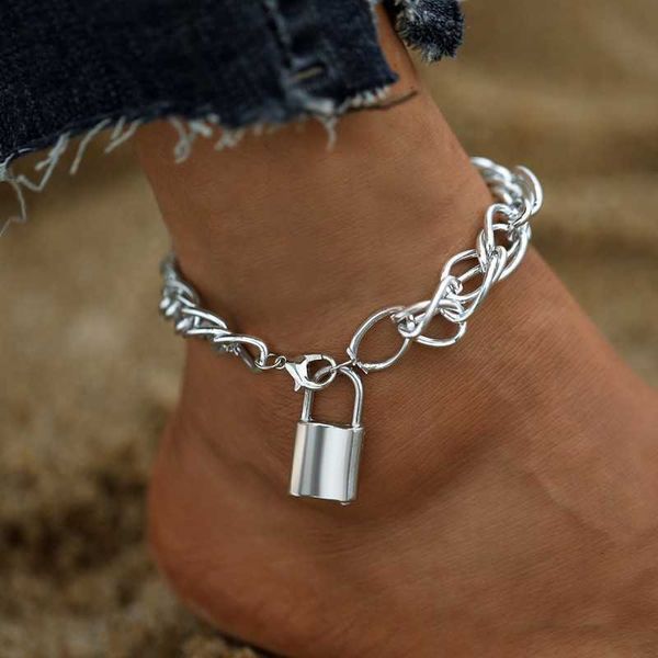 

fashion big lock chain anklets for women punk silver color thick ankle bracelet leg foot jewelry 230719, Red;blue