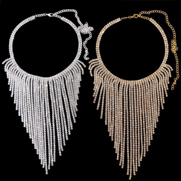 

pendant necklaces bling full rhinestone long tassel chain choker collar necklace for women boho geometric crystal jewelry 230613, Silver