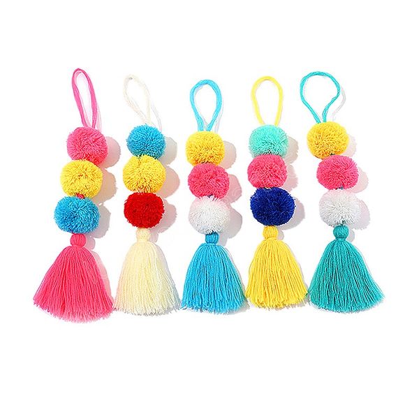 

fashion colorful pompom keychain with tassel boho handmade wool ball keyring key chain bag pendant ornaments for women gifts, Silver