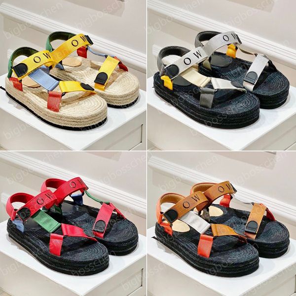 

luxury designer sandals ladies men's strappy casual shoes platform nylon webbing cloth roman fisherman straw sandals embossed embroider, Black