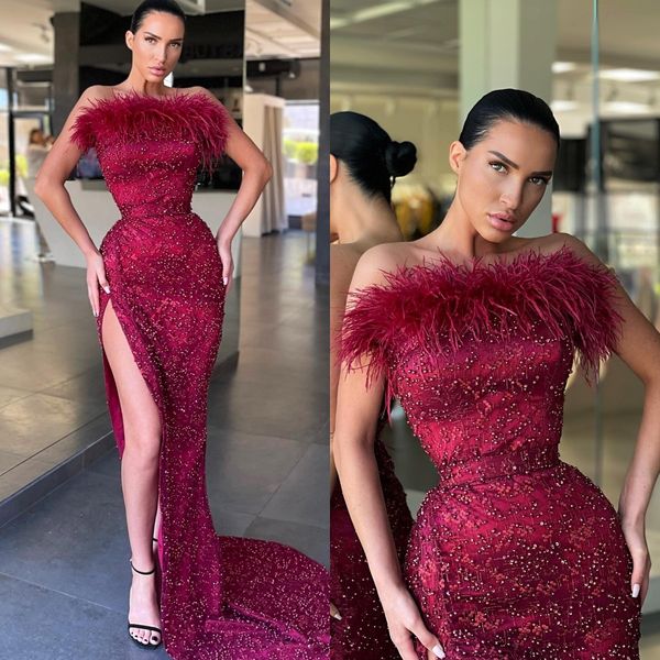 

elegant burgundy prom dresses feathers strapless glitter party evening gowns slit formal long special occasion dress, Black